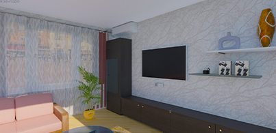Cozy and practical DIY home design in 3d featuring a pastel pink corner sofa, dark wood TV unit, round glass coffee table, and bright maritime wall art in a compact living room layout.