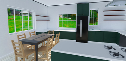 Modern open-plan kitchen and living room design featuring dark green cabinets, light wood furniture, and large windows with a nature view.