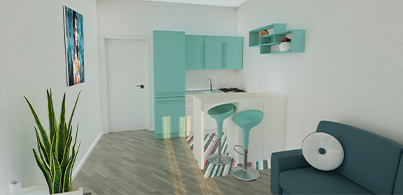 Amateur 3D kitchen design with mint cabinets and dark turquoise sofa.