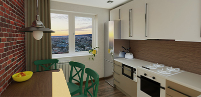 Small apartment kitchen loft brick wall design