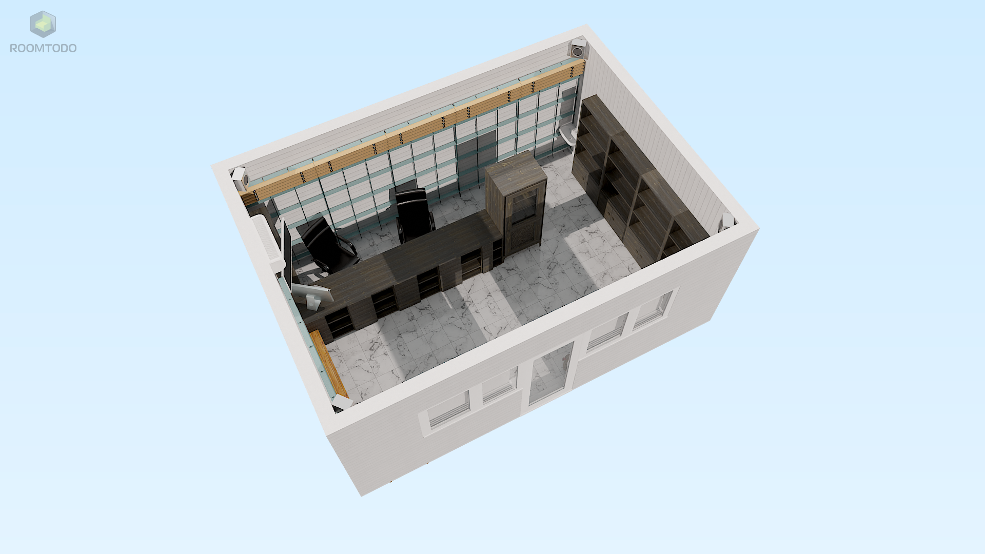 Modern minimalist office and retail space layout with a dark wood service counter grid wall shelving and marble tile floor designed in an online room planner