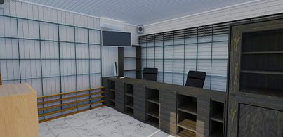 Modern minimalist office and retail space layout with a dark wood service counter grid wall shelving and marble tile floor designed in an online room planner