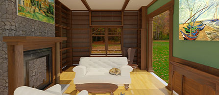 Cozy rustic-modern living room and library layout created with a room planner free software
