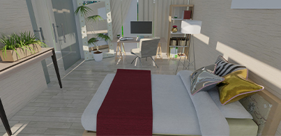 3D visualization of a functional and cozy user-designed studio apartment showing diverse living zones